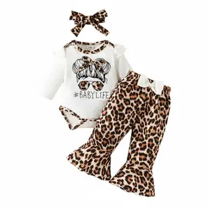 Baby Girl Leopard Print "Baby Life" Bodysuit & Flare Pant Set 3-Piece White Long-Sleeve Bodysuit with Graphic & Bow Headband 0-18M