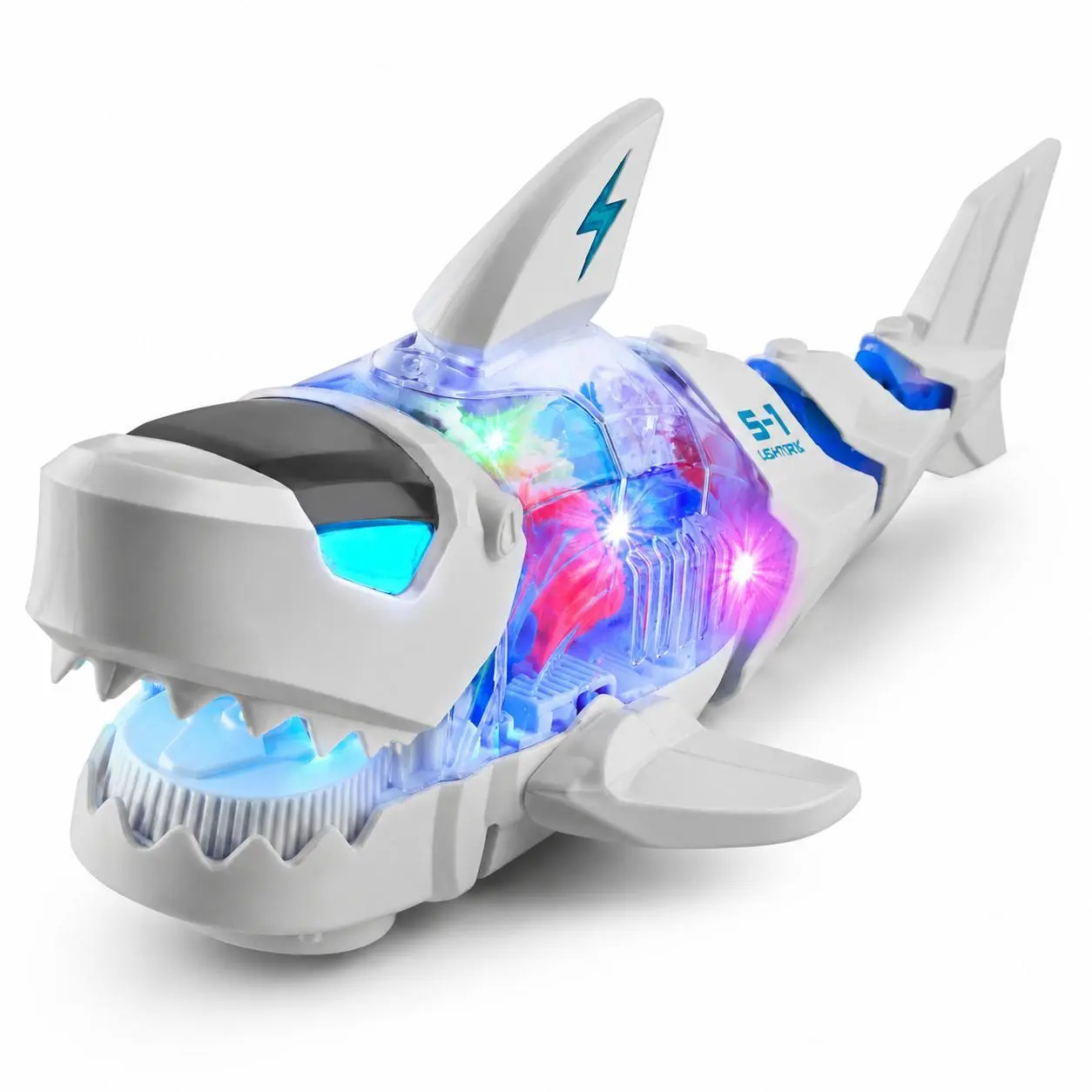 Electric Glowing Shark Toy for Kids, Wiggling Moving Shark with LED Lights, Sounds & Transparent Mechanical Gears, Interactive Shark Toy Gift for Boys Girls