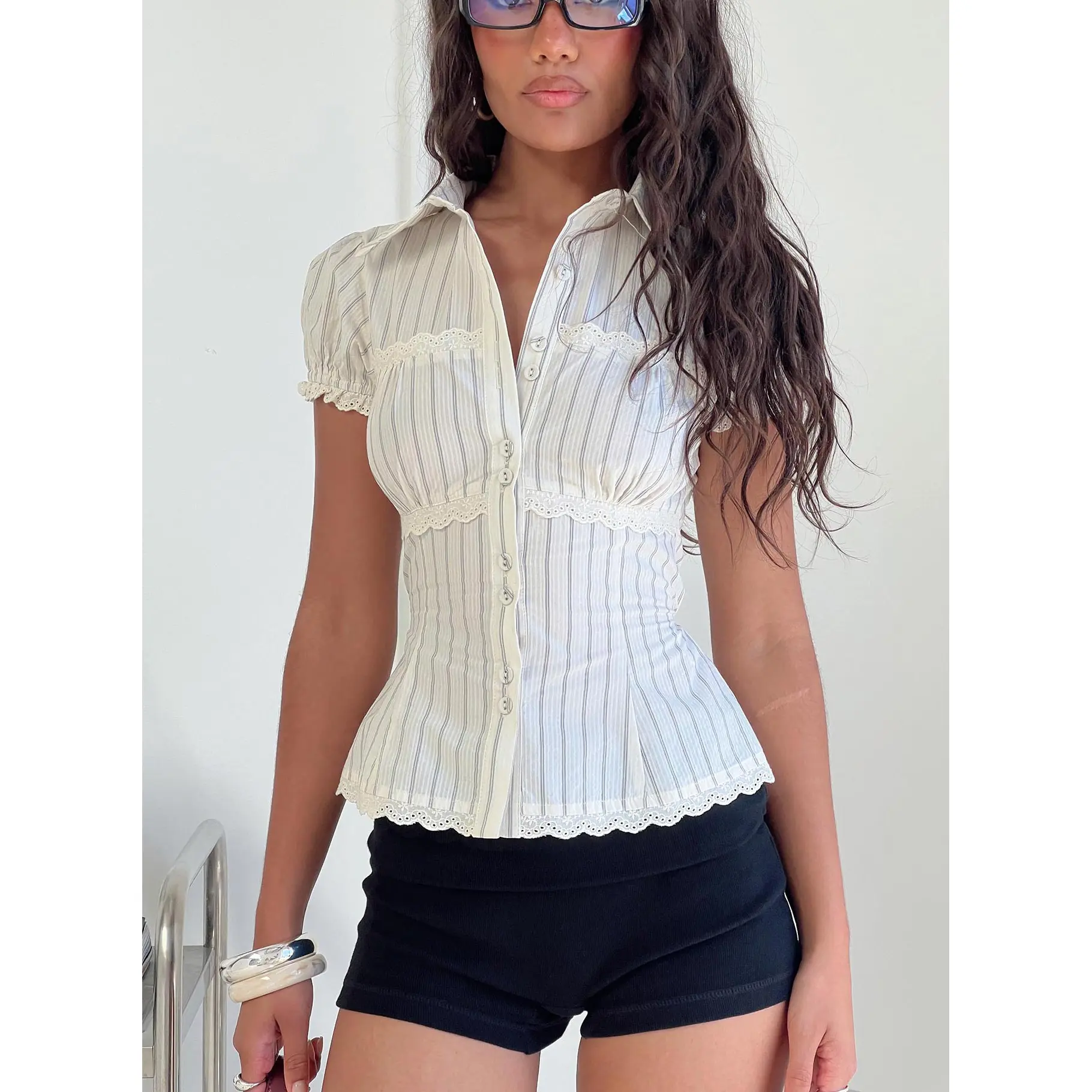 Deserve You Puff Sleeve Button Front Top Cream Stripe