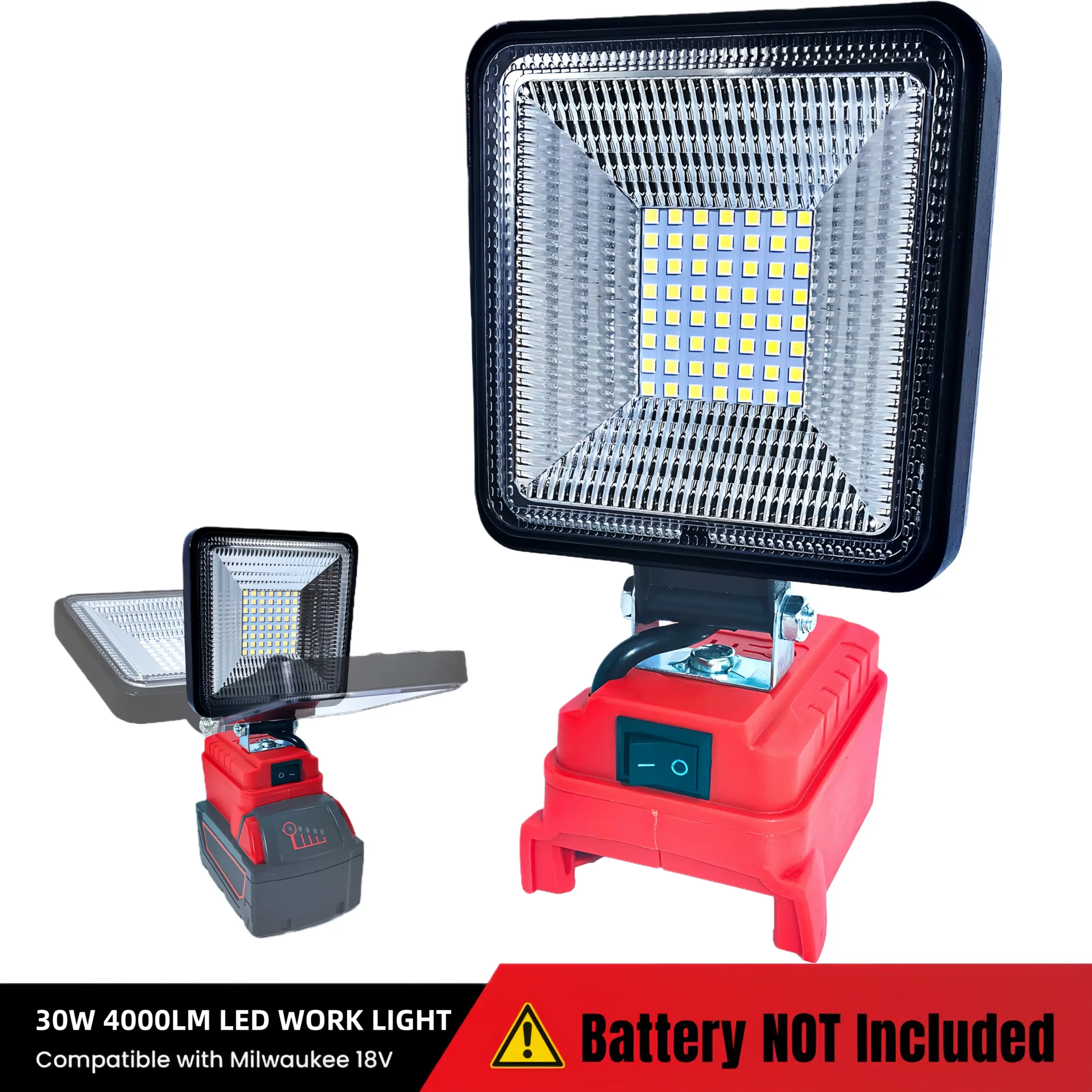 Cordless LED Work Light for Milwaukee 18V Battery - 30W 4000lm 54 LED Beads Adjustable Waterproof Flashlight, High Lumens Portable Wide-Beam Flood Light with 2 USB Charging Ports & Overcurrent Protection (No Battery Included), High Lumens Flashlight