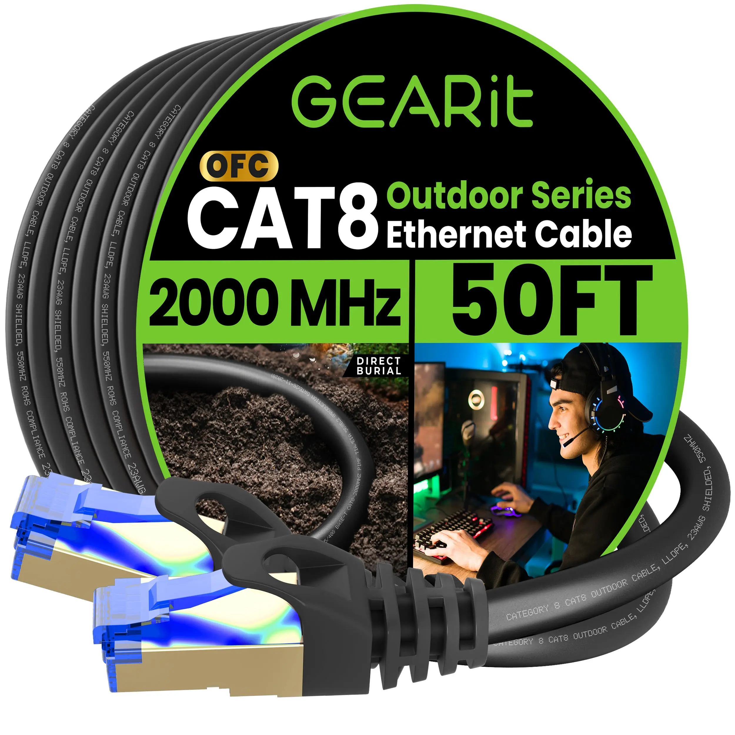 Cat8 Outdoor Ethernet Cable - Waterproof, Direct Burial, In-Ground, LLDPE, Black
