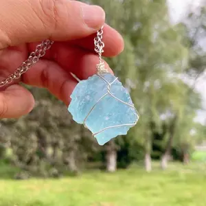 Blue Aquamarine Necklace,Healing Stones Necklace,Raw Birthstone Necklace,Wire Wrap