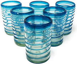 Hand Blown Mexican Drinking Glasses – Set of 6 Glasses with an Aqua Spiral Design (14 oz each) …