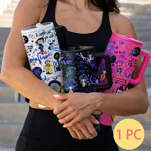 1pc 40oz Stainless Steel Tumbler with Lid & Straw, Coraline Dark Fantasy Style, Vacuum Insulated Thermal Cup, Keep Hot 12H / Cold 24H, Travel Mug, Insulated Water Bottle, Gift for Horror Aesthetic & Animation Enthusiasts