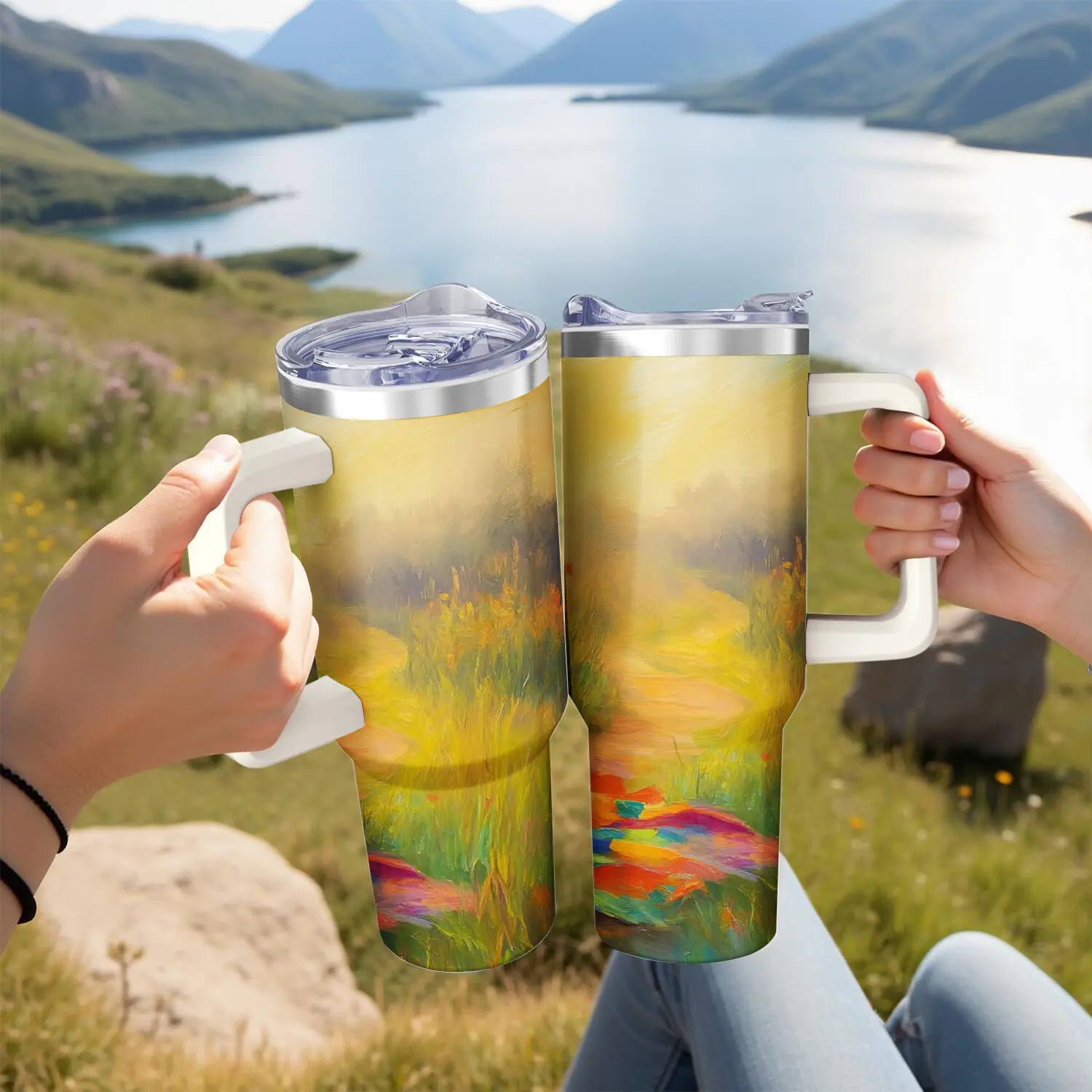 Stainless Steel Travel Mug with Handle - Golden Yellow Gradient with Mountain Lake Landscape Print - Outdoor Hiking, Camping, Picnic Use