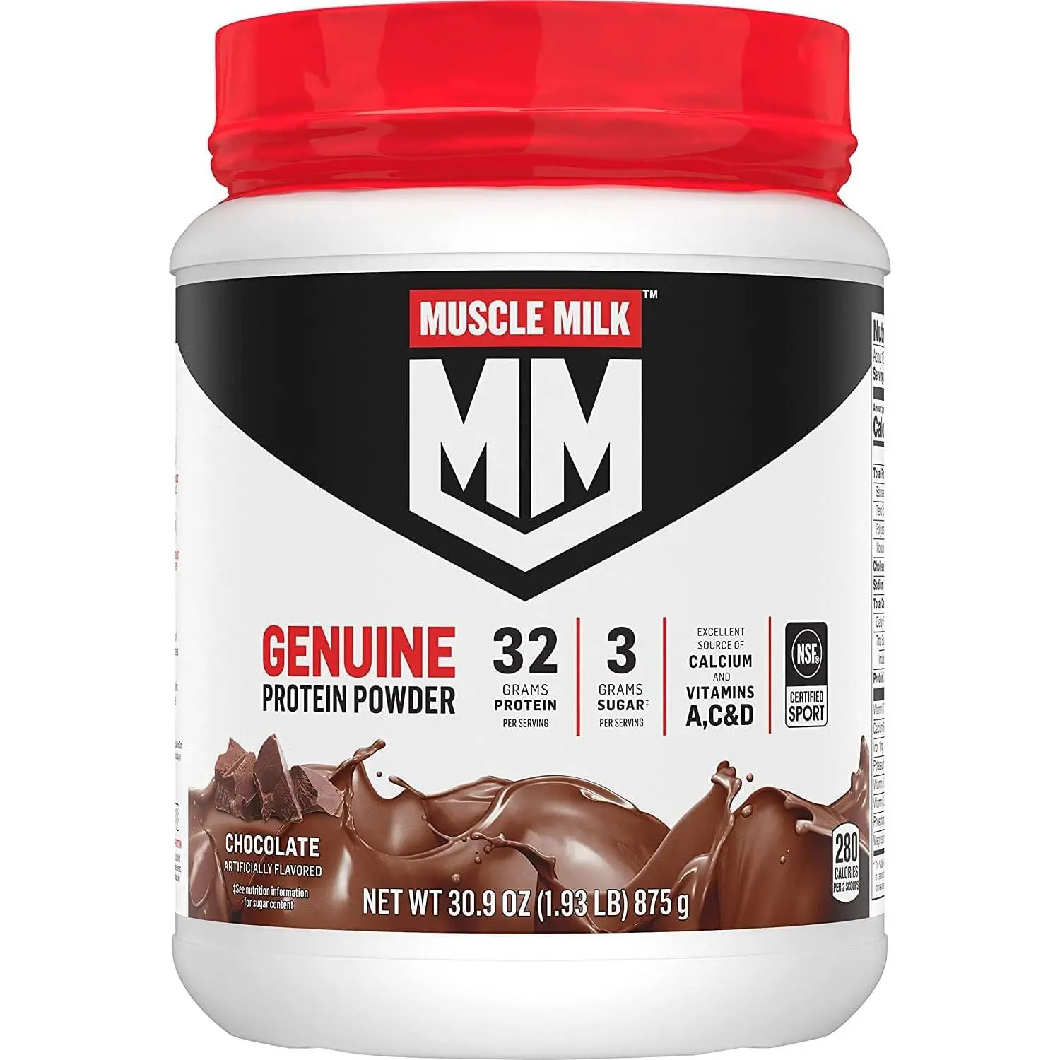 Muscle Milk Genuine Protein Powder, Chocolate, 1.93 Pounds, 13 Servings, 32g Protein, 2g Sugar, Calcium, Vitamins A, C & D, NSF Certified for Sport, Energizing Snack, Packaging May Vary Supplement