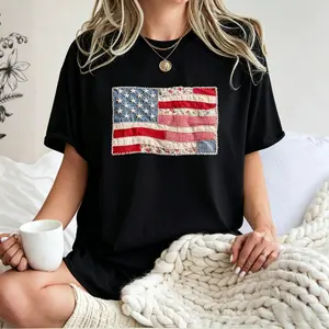 (FAUX PATCHWORK-PRINT) Comfort Colors Retro American Flag Shirt, Faux Patchwork, Digital Print, vinyl ink, 4th of July Shirt, Patriotic Graphic Shirt, Fourth of July Shirt
