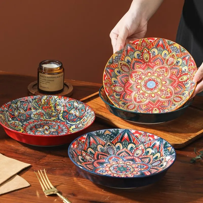 Creative Bohemian Ethnic Style Ceramic Dishes Set, Vintage Hand-Painted Dinnerware, High-Temperature Resistant Bowls & Plates, Home Decor Gift