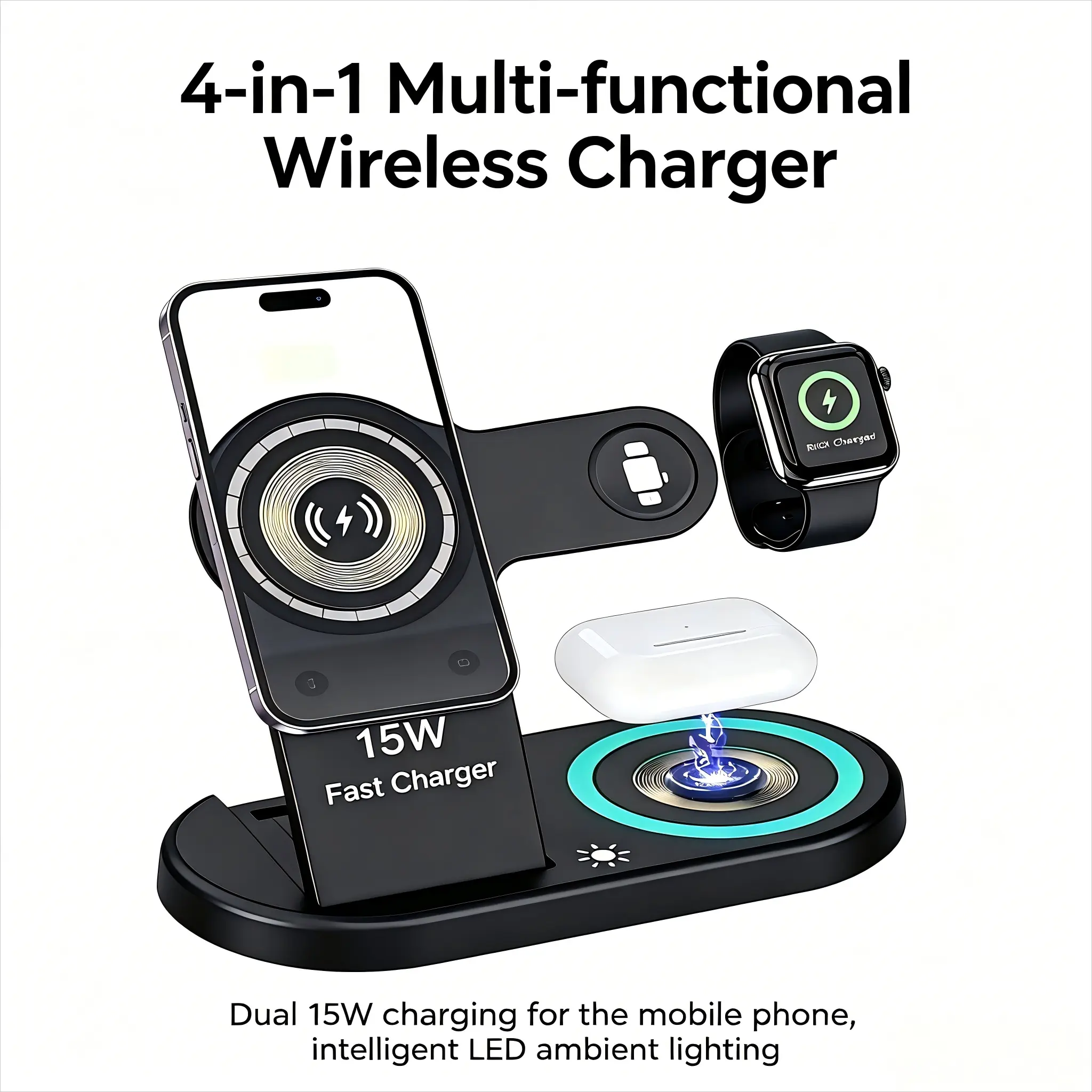 Dual 15W 4-in-1 Wireless Charger Stand, LED Fast Charging Multi-Functional Desktop Mobile Holder for iPhone 8-17 Pro Max, Smart Watches, Wireless Earbuds, Electronics & Home Accessories