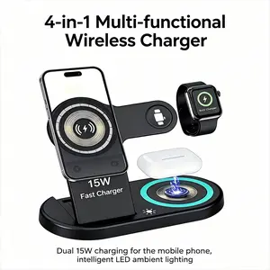 Dual 15W 4-in-1 Wireless Charging Stand, Multi-Functional Desktop Mobile Holder with LED Fast Charger for iPhone 8-17 Pro Max, Wearable Smart Watches, Wireless Earbuds, Electronics Accessories, Home Accessories