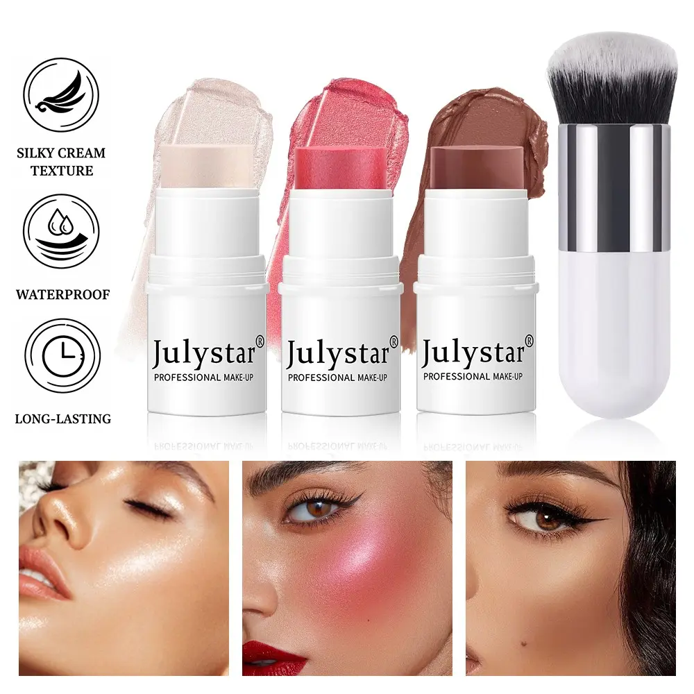 3-In-1 Face Contour Highlighter Glow Blush Stick Set, Beauty Cosmetics, Cosmetics Products, Includes Brush, Silky Smooth Texture, Waterproof Long-Lasting, No Patchy, Professional Makeup Kit