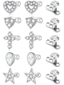 15 Pcs Dermal Anchor Tops and Base 14G Stainless Steel Body Piercing Studs Punk Heart Star CZ Teardrop Tops Internally Threaded Surface Skin Piercing Jewelry for Women Men Silver Color