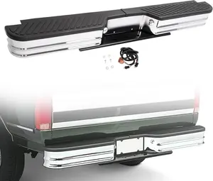 Rear Bumper with Lights Compatible with 1967-1998 Chevy Chevrolet GMC C/K Dodge Fleetside Ram charger Ford Bronco F-Series Chrome Powder Coated Lights Included W/O License Plate Mounting