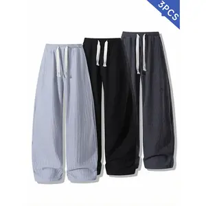 3-Pack Men’s Breathable Lightweight Street Style Casual Loose Curved Pants for Daily Wear & Vacation, Adjustable Drawstring Elastic Waist