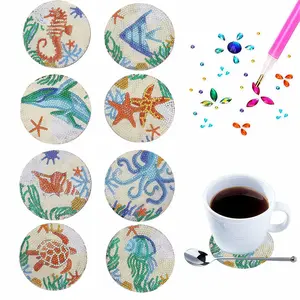 8-piece set of diamond painting kit coaster marine animal pattern wooden material non-slip mat suitable for kitchen, restaurant, bar office use, can be used as all holiday gifts Diamond Painting Coasters