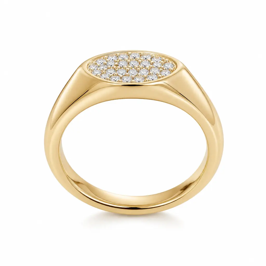14K Gold-Plated Sculpted Pavé Signet Ring with Round Clear Accents for Women