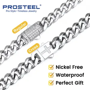 【FathersDayGift】PROSTEEL Stainless Steel Cuban Link Chain for Men,With Lced Out Diamond Clasp Steel/Black/ Golden Cuban Chain Necklace , 6mm/9mm/12mm Width,18"-30", Send Gift Box Summervibe