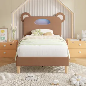 VECELO Twin Size Bed Frame with LED Light Storage Bear Shaped Adjustable Velvet Headboard Modern Cartoon Cute Kids Bed with Wooden Slat Support Brown for Boys Girls kids bedding