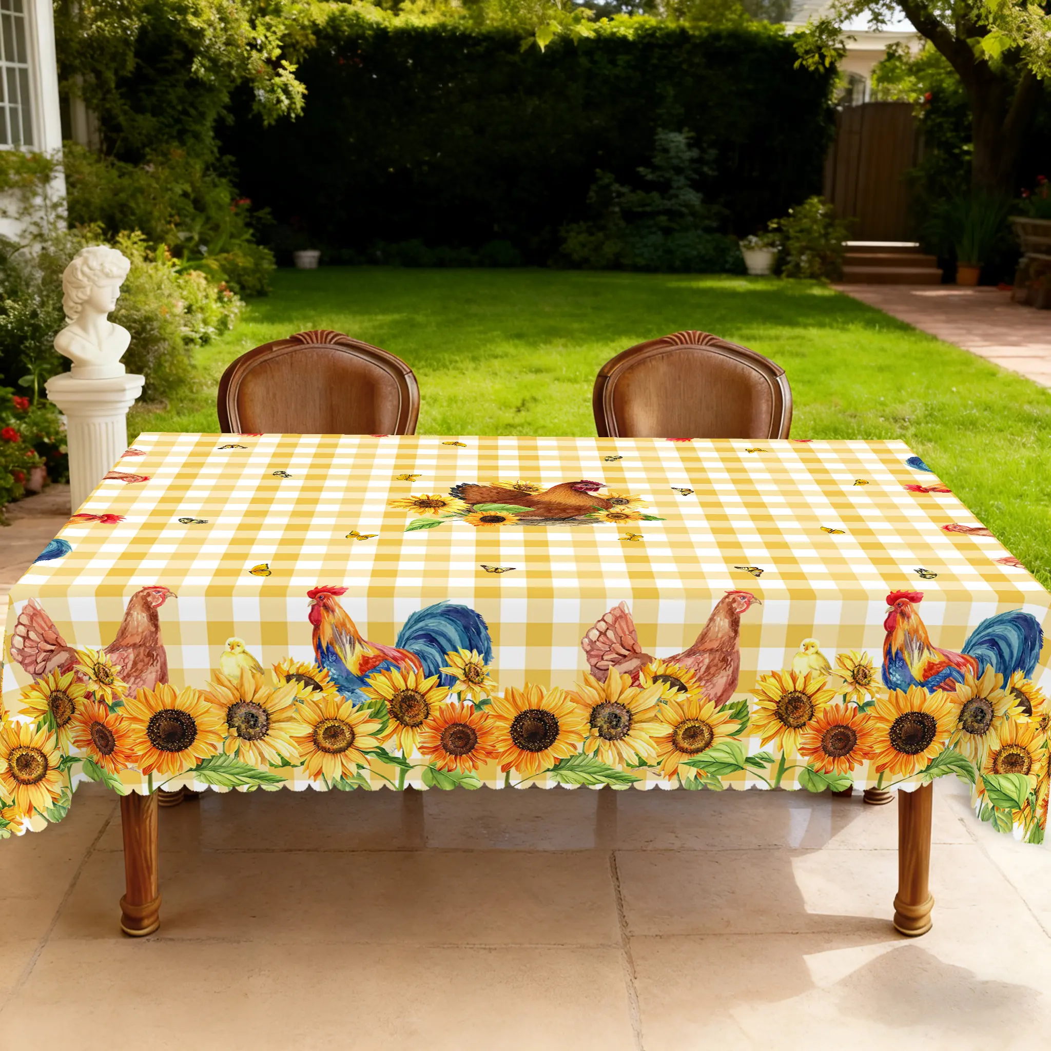 BLIOWL Rooster & Sunflower Printed Tablecloth - Retro Farmhouse Style Picnic Table Cover, Water-Resistant Home Supplies for Rectangle & Circular Tables, Outdoors Holiday Gatherings & Garden Birthday Parties, Unique Table Decorations Lovers