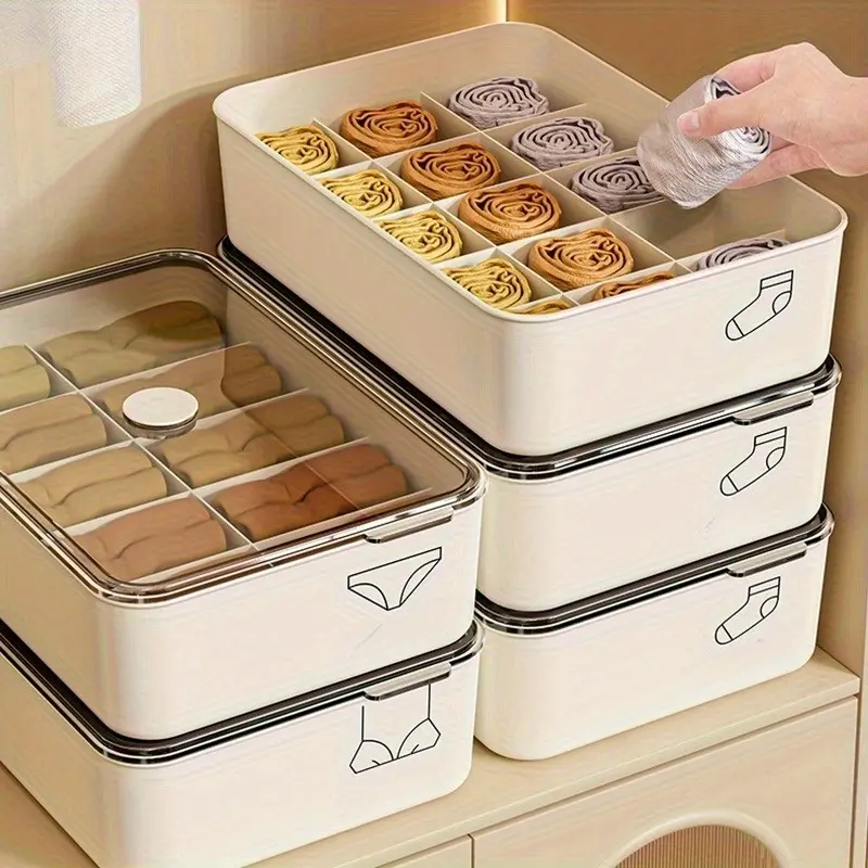 3-Piece Plastic Underwear Socks Storage Box, 10/15 Grid Design, Transparent Cover, Wardrobe Organizer for Bras and Socks