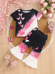 Girls' Summer Fashion Short Sleeve Top & Bell Bottoms Set, Fine Girls Outfit, Sweet Cool Girly Style, Rose Butterfly Print, Gradient Color Design