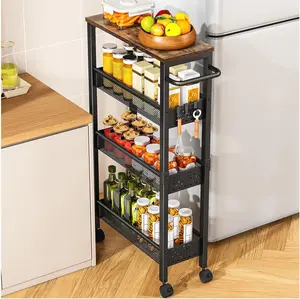 4 Tier Small Rolling Cart with Wood Top, Metal Kitchen Bathroom Laundry Room Organization Trolley with Handle for Narrow Space – Black