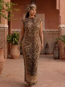 Elegant Boho Leopard Print Robe Set, Multicolor Shawl Dress + Long Headscarf Hairband, Women's Beach Cover Up Sun Protection Satin Scarf, Bohemian Cover Up, Beachwear Cover Up, Swimwear Cover Up
