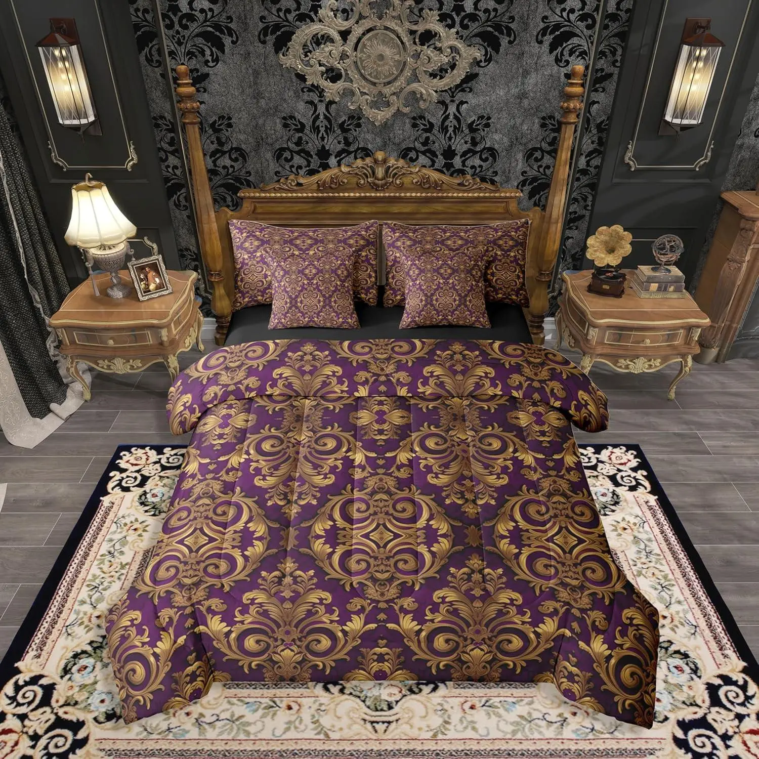 Purple Gold Damask Retro Gothic Women Comforter Set 7 Pieces | Victorian Baroque Vintage Bed in A Bag Aesthetic Paisley Bed Set Adults Bedding