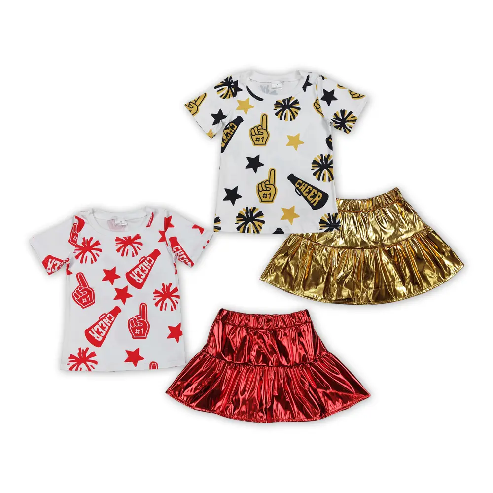 Girls' Cheerleading Skirts Sets, 2-Piece Letter Print Summer Outfits with a Short Sleeve Top and Medium Length Pleated Skirt for Competition and Casual Wear