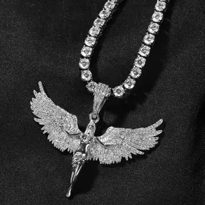 Retro Unisex Angel Wing Iced Out Pendant Necklace, Bling Cubic Zirconia Hip Hop Rapper Jewelry for Men & Women, Cool Stylish Daily & Holiday Gift