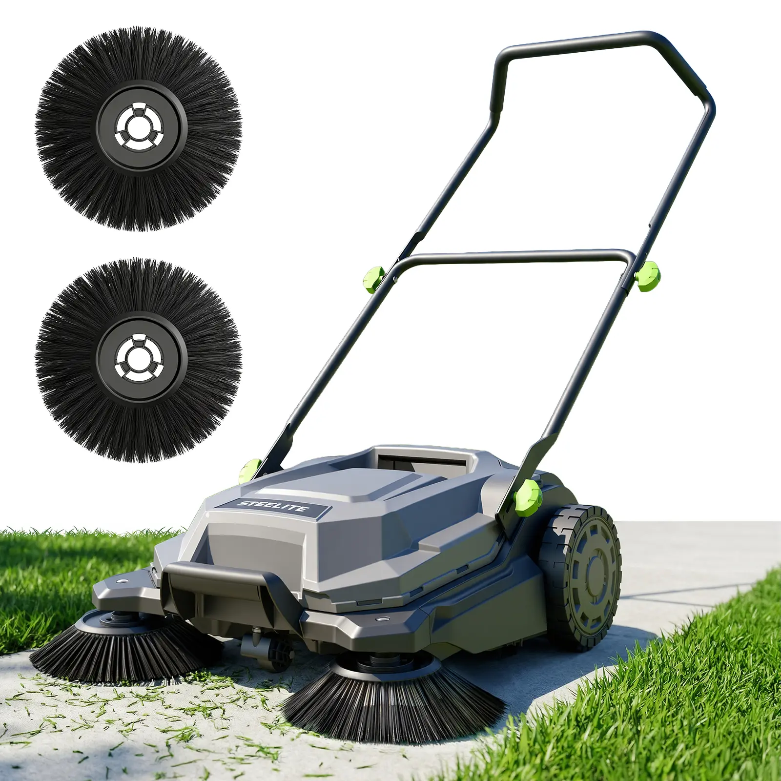 【DealsForYouDays】STEELITE Walk-behind Hand Push Floor Sweeper, 26.8" Sweeping Width, 6.3 Gal Collection Box, Non-Electric, 7.9" Rear Wheel with PVC Soft Grip, Heavy-Duty Reinforced Frame, for Garage Workshop Patio Asphalt Driveway