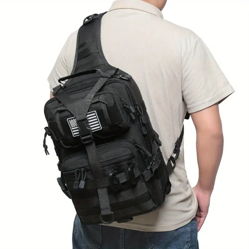 Versatile Black Tactical Shoulder Bag with Silicone Flag & 2 D-Ring Attachments - Durable Nylon, Multiple Pockets, Ideal for Outdoor Activities, Hunting, Fishing, Backpacks