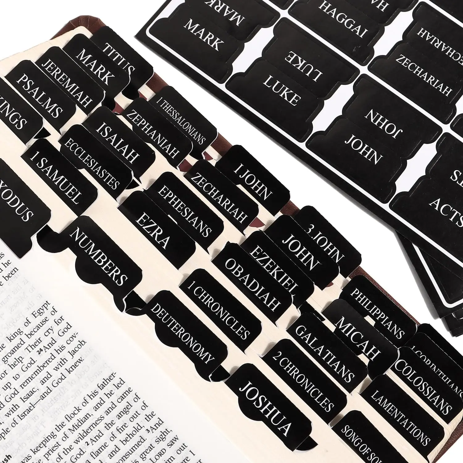 Black Bible Adhesive Tabs, Office Stationery Supplies, 0.1mm High-Toughness Ultra-Thin Pre-Labeled Tags with 66 Old & New Testament Markers, 24 Customizable Book Dividers, Adjustable Adhesive Book Accessories for Scripture Study, Affordable Gift for Men