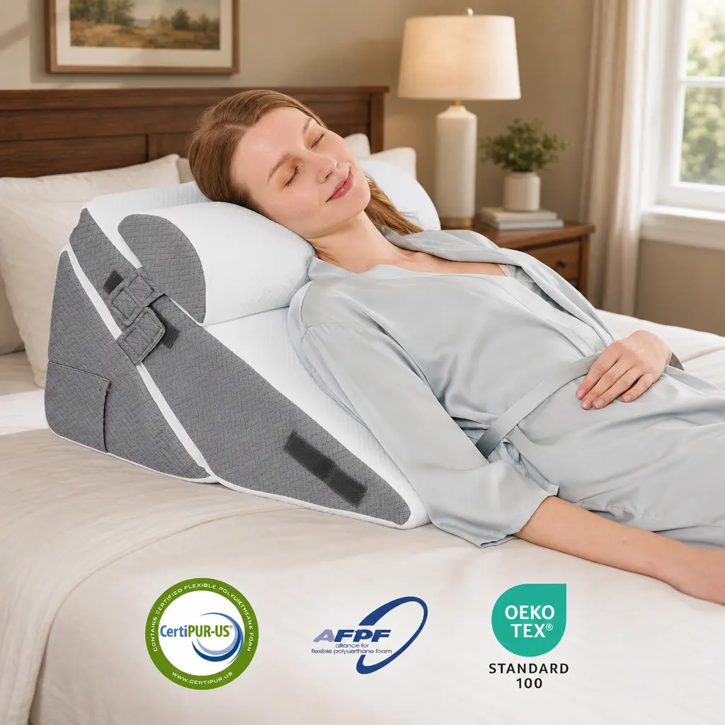 Sasttie Wedge Pillow Set for After Surgery, 2PCS Adjustable Bed Wedge Pillow Headboard with Memory Foam Neck Cushion – for Acid Reflux, Sleeping, Neck & Back Support, Dark Grey & White