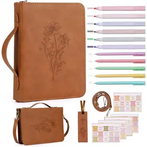 19PCS Floral Bible Cover for Women PU Leather Bible Cases Study Supplies for Girls Bible Bag with Highlighter Pens Bible Carrying Case for Women Brown Christian Gift with Shoulder Strap &Book