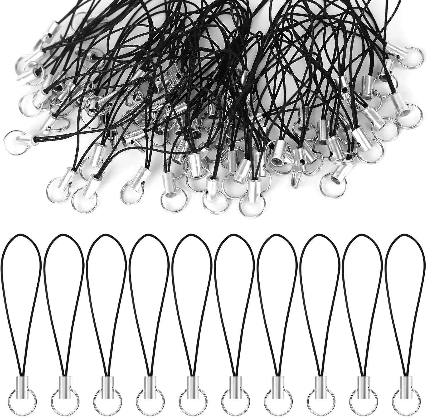 100 Pcs Phone Charm Strap with Clasp,Keychain Making Kit,Durable Nylon Mini Lanyard for DIY Cell Phone Charm, Keychain, USB Flash Drive （Black ）