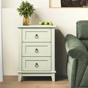 RoyalCraft L Painted Nightstand with 3 Drawers, Tall Bedside Table with Vintage Brass Ring Pulls, Farmhouse Wood End Table for Bedroom, Living Room, Milky Green