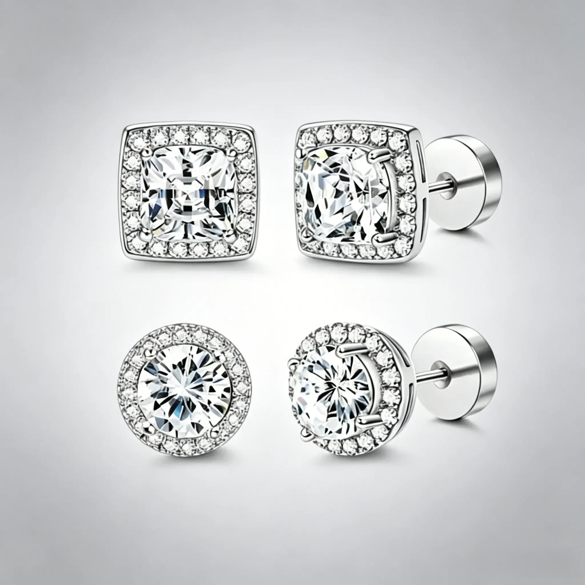 Women's 4-Pack Luxury Halo Zircon Plug Stud Earrings - Jewelry for Women, Gold/Silver Round/Square, Hypoallergenic Copper-Coated Earring Stack, with Jewelry Box, Meaningful Gifts for Birthdays