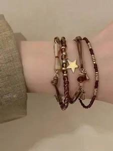 Women's Vintage Braided Beaded Layered Bracelet Set, Bohemian Bracelets, Ethnic Style Jewelry Gift, 4-Piece Handmade Accessory Collection