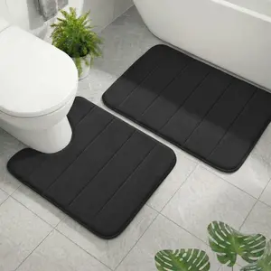Memory Foam Bathroom Rugs Sets 2 Piece, Extra Soft Absorbent Quick Dry Bath Mat Set, with U-Shaped Toilet Rug, Machine Washable Non Slip Bath Rugs for Bathroom, Shower and Tub, Black