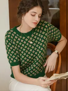 Women's Casual Loose Fit Short Sleeve Round Neck Plaid Pattern Top, Spring Summer Knitted Commuter Wear, Random Print Design