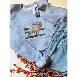 Sunrise Elk Embroidered Crewneck, Cartoon Shirt, Vintage Shirt, Shirt For Fans