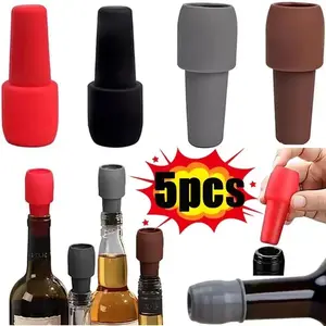 5 Pcs Universal Wine Bottle Stopper Soft Silicone Double Seal Leakproof Bottle Cap Reusable Beverage Preserver for Bar Kitchen Wine Storage Accessory