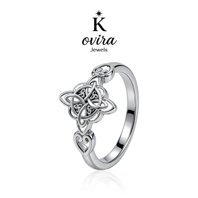 Kovira S925 Sterling Silver Celtic Witch Heart Knot Ring - Women's Fashion Promise Heart Shaped Beautiful Ring, Oxidized Finish, Everyday Wear, Heart Shaped Ring, Beautiful Rings
