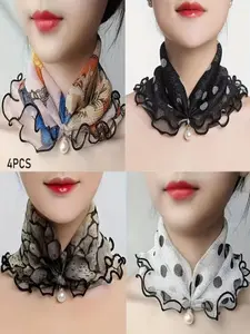 4pcs Pearl Scarf and Neck Cover for Women, Sun Protection Mesh Headscarf, Chiffon Veil, Fashionable Thin Scarf for Spring Summer, Multifunctional