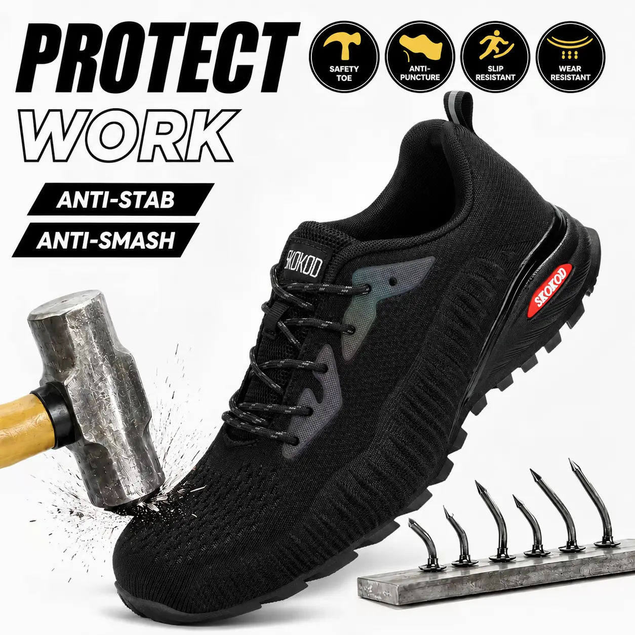 SKOKOD Men’s  Steel Toe Work & Safety Sneakers -Lightweight, Puncture-Proof, Slip-Resistant, Breathable   Footwear, Wide Fit, Durable, Flexible Mesh Upper Athletic Sneakers for Construction Workers (All Seasons),  Auto Repair, Minimalist,  Footwear, Worke