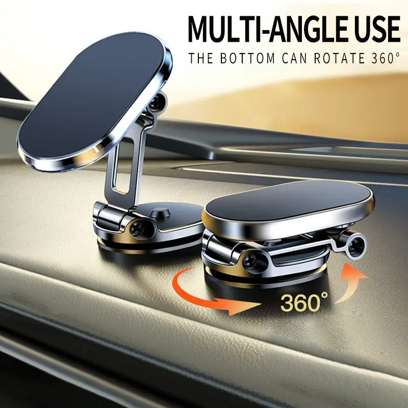 Foldable Metal Magnetic Car Cell Phone Holder - 360° Rotating Dashboard Mount, Adjustable Angle & Height, Strong Compact Universal Hands-Free Stand, Adjustable Mounts & Holders, Car Interior Accessory, Phone Accessories