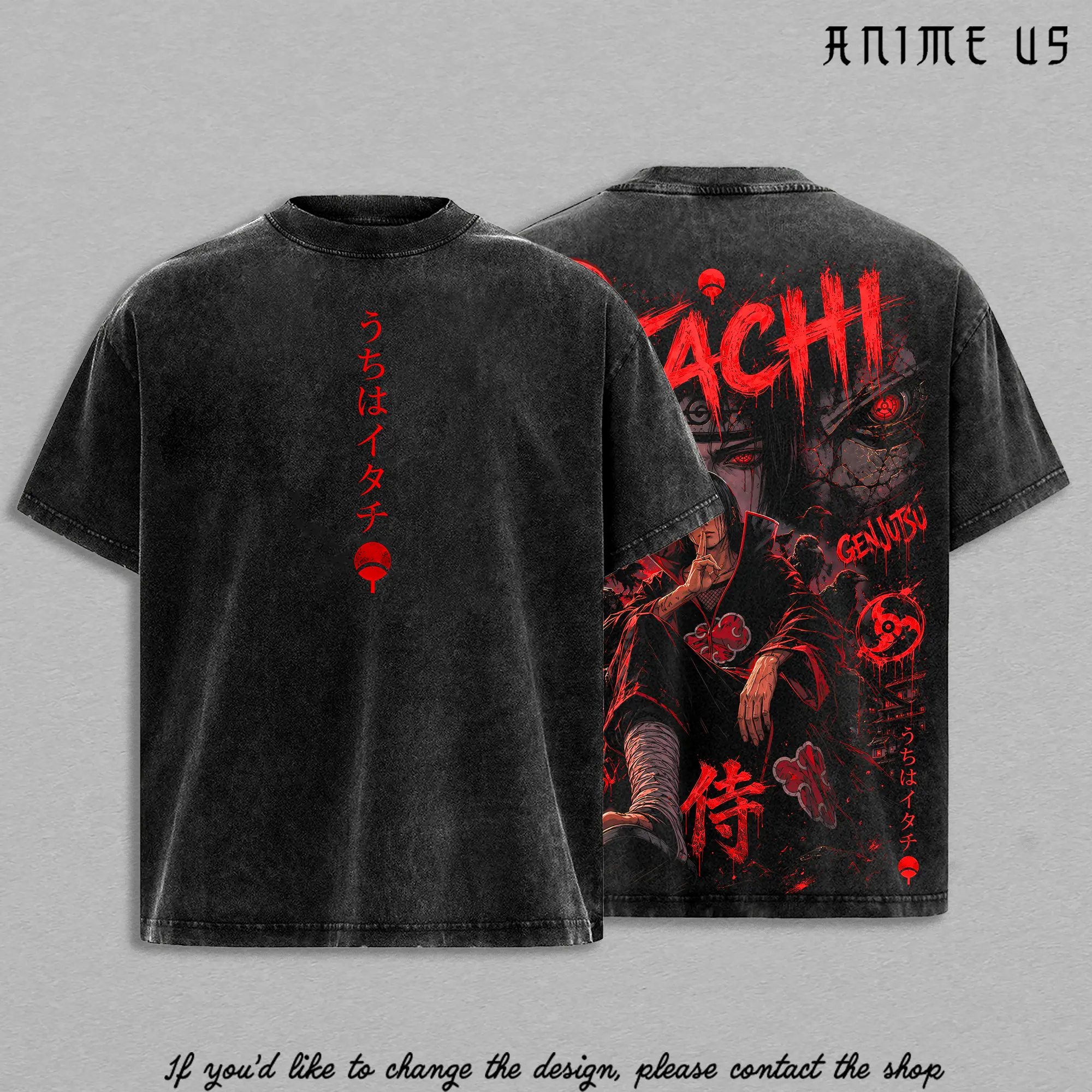 Uchiha Clan Red Eye Illusion Shinobi Vintage Washed Oversized Graphic Tee, Dark Crow Warrior Heavy Cotton Anime Inspired Streetwear Shirt