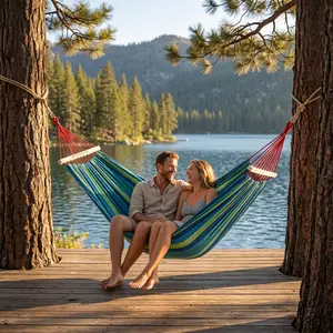 Upgraded Portable 2-Person Double Rope Hammock with 2 Anti-Rolling Balance Wooden Sticks, Strong Metal Rings, Extended Rope, Thickened Wide Design for Outdoor Camping, Patio Swing Use, Double Rope Hammocks