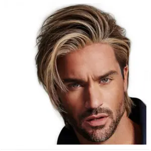 Fashion Men's Synthetic Full Machine Wig - 8 in Mixed Tones Golden Brown, Short Cut Wavy Style, Breathable Net Cap, Natural Realistic Look, Male Fake Hair for European & American Style Handsome Appearance, tiktokshopspringglowup, summervibes